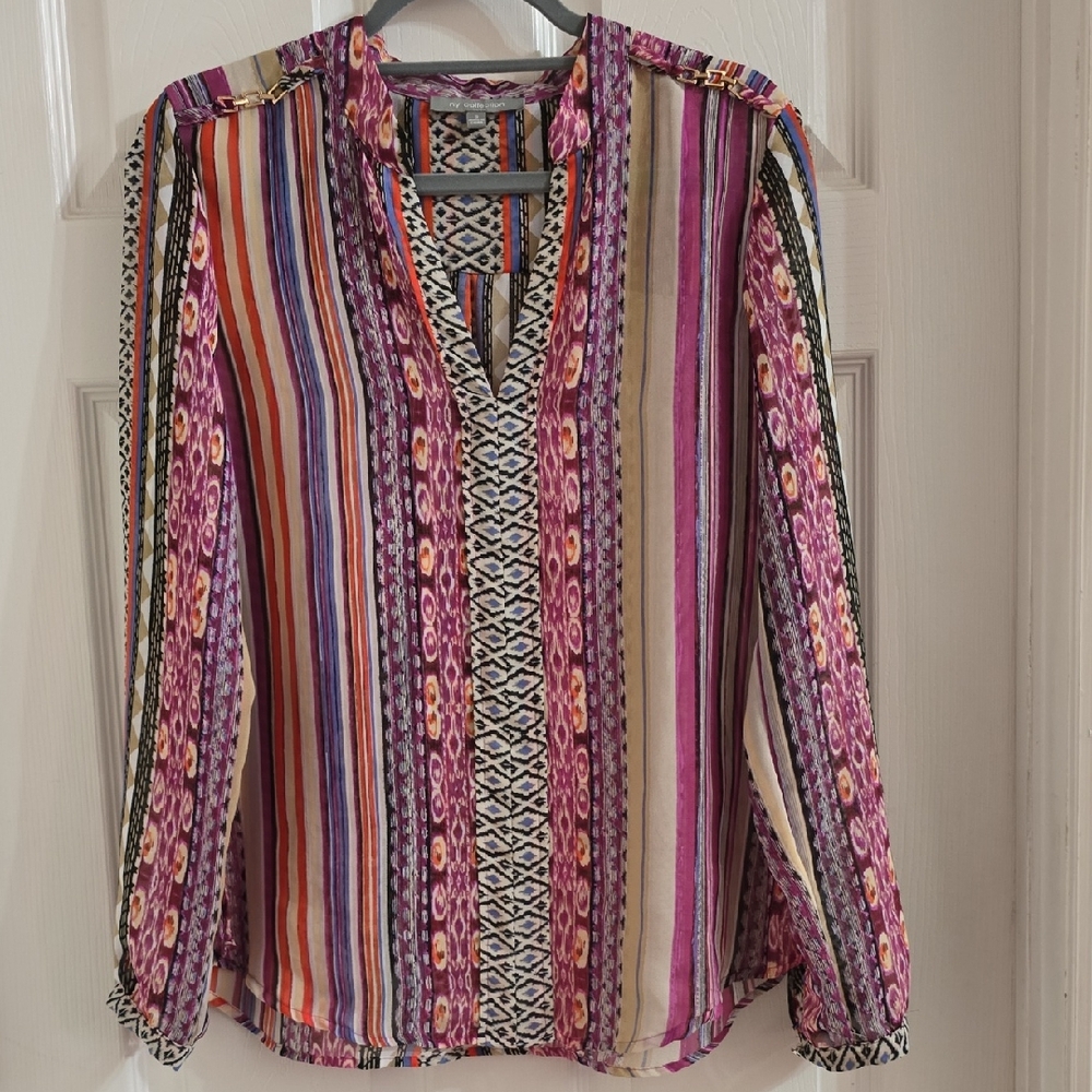 NY Collection Purple Multi-Striped Bohemian Blouse